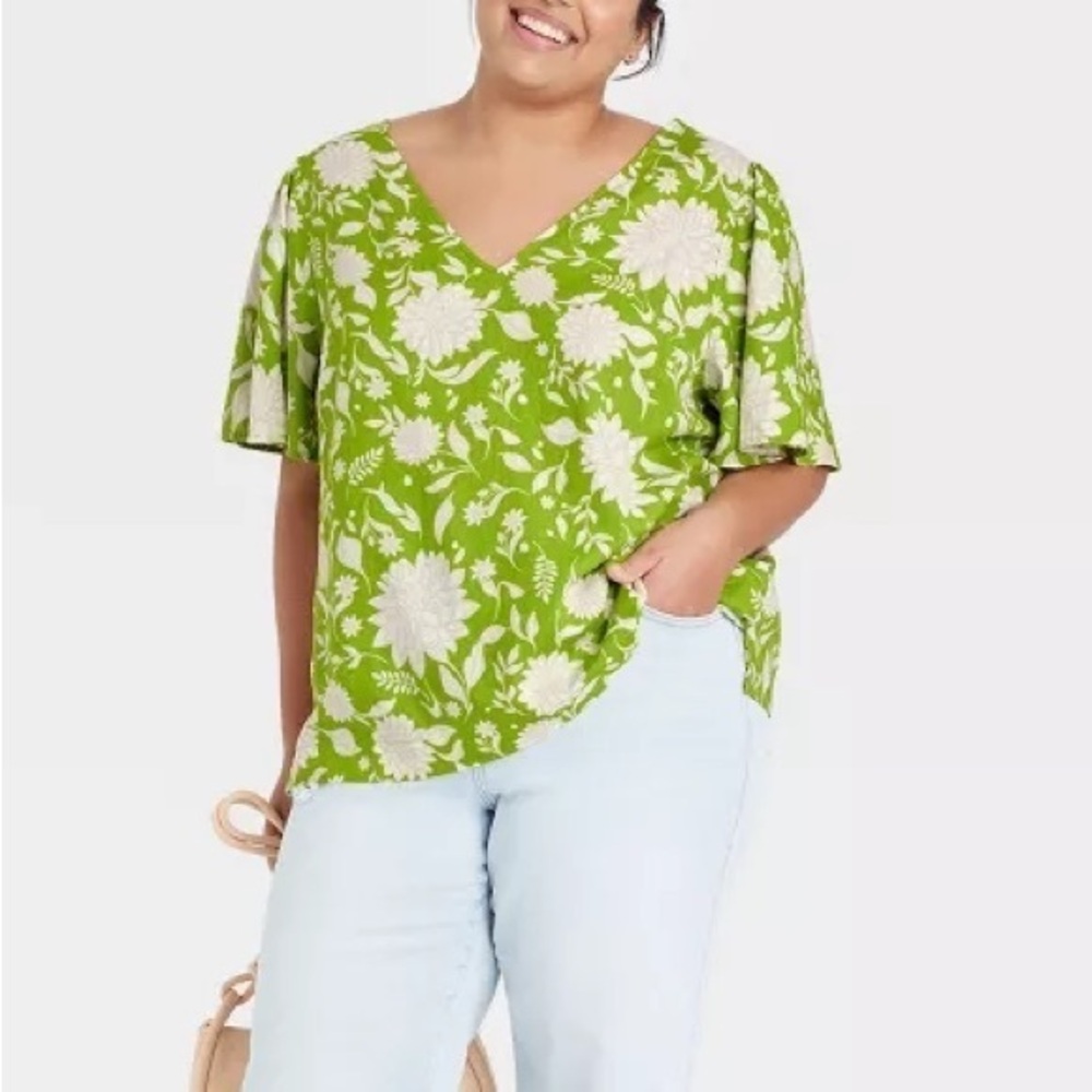 Ava & Viv Linen Blend Floral Print V Neck Short Sleeve Top Plus‎